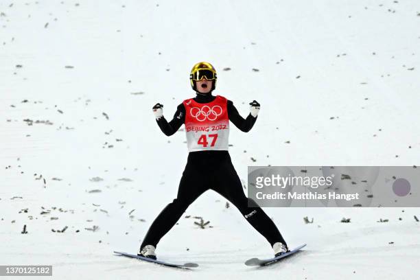 Marius Lindvik of Team Norway celebrates during the Men's Large Hill Individual Final Round on Day 8 of Beijing 2022 Winter Olympics at National Ski...