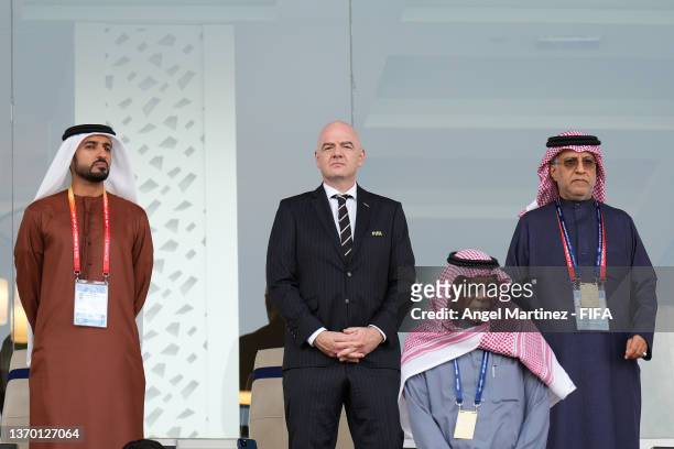 Gianni Infantino, President of FIFA looks on prior to the FIFA Club World Cup UAE 2021 3rd Place Match between Al-Hilal v Al Ahly at Al Nahyan...