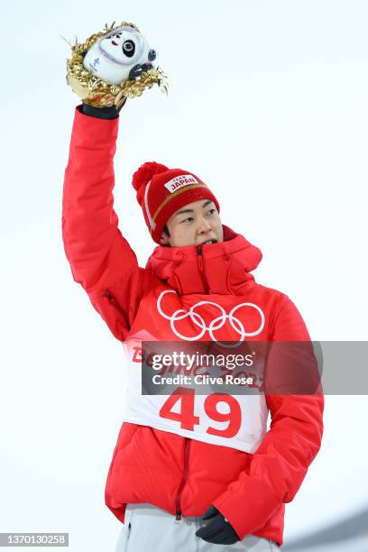 Silver medal winner Ryoyu Kobayashi of Team Japan celebrates on the podium during the flower ceremony following the Men's Large Hill Individual Final...