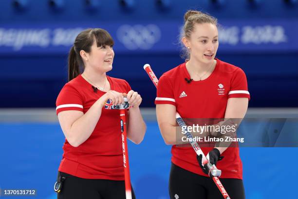 Hailey Duff and Jennifer Dodds of Team Great Britain compete against Team United States during the Women's Round Robin Curling Session on Day 8 of...