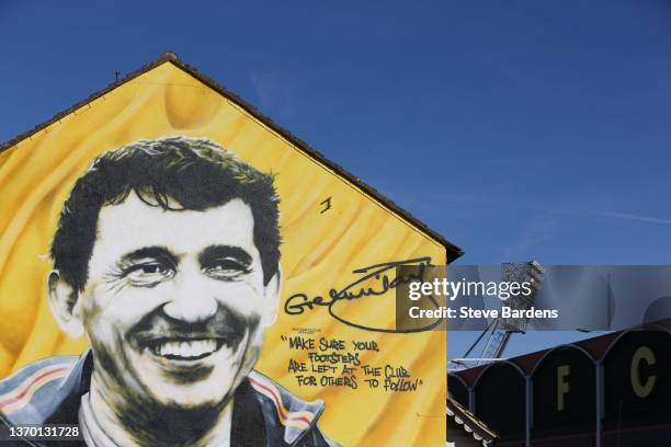 Mural of Graham Taylor is seen outside the stadium prior to the Premier League match between Watford and Brighton & Hove Albion at Vicarage Road on...