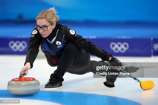 Galina Arsenkina of Team ROC competes against Team Japan during the Women's Round Robin Curling Session on Day 8 of the Beijing 2022 Winter Olympic...