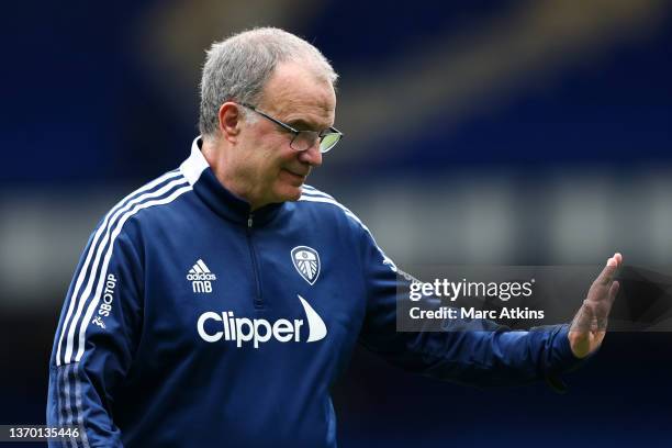 Marcelo Bielsa, Manager of Leeds United gestures as he inspects the pitch prior to the Premier League match between Everton and Leeds United at...