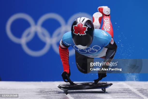Jane Channell of Team Canada slides during the Women's Skeleton heat 4 on day eight of Beijing 2022 Winter Olympic Games at National Sliding Centre...