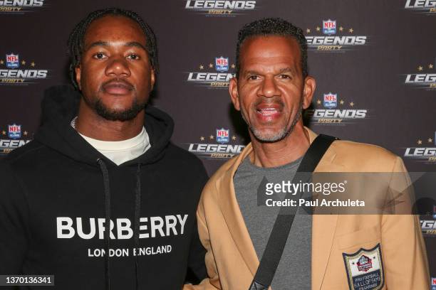 Bobby Okereke and Andre Reed attend the 2022 NFL Alumni Legends party hosted by Rob Gronkowski at Avalon Hollywood & Bardot on February 11, 2022 in...