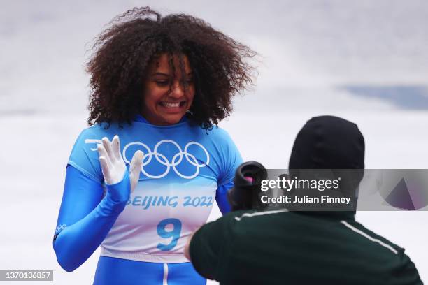 Valentina Margaglio of Team Italy reacts after sliding during the Women's Skeleton heat 4 on day eight of Beijing 2022 Winter Olympic Games at...