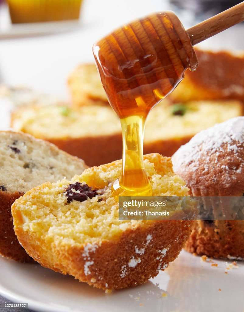 Chocolate chip corn muffins with honey