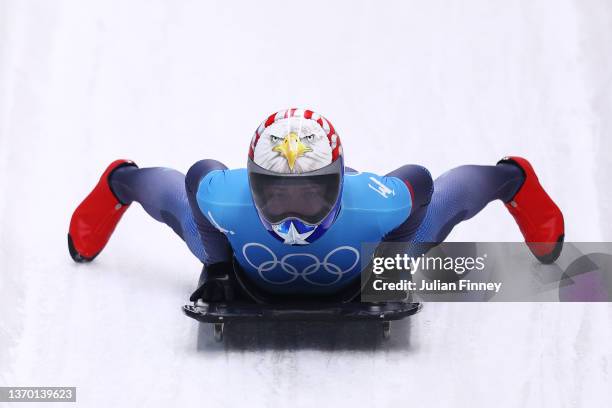 Katie Uhlaender of Team United States slides during the Women's Skeleton heat 4 on day eight of Beijing 2022 Winter Olympic Games at National Sliding...