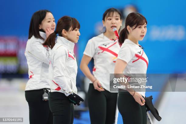 Satsuki Fujisawa, Chinami Yoshida, Yumi Suzuki and Yurika Yoshida of Team Japan look on during the Women's Round Robin Curling Session on Day 8 of...