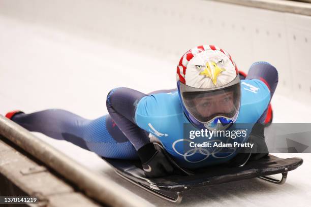 Katie Uhlaender of Team United States slides during the Women's Skeleton heat 4 on day eight of Beijing 2022 Winter Olympic Games at National Sliding...