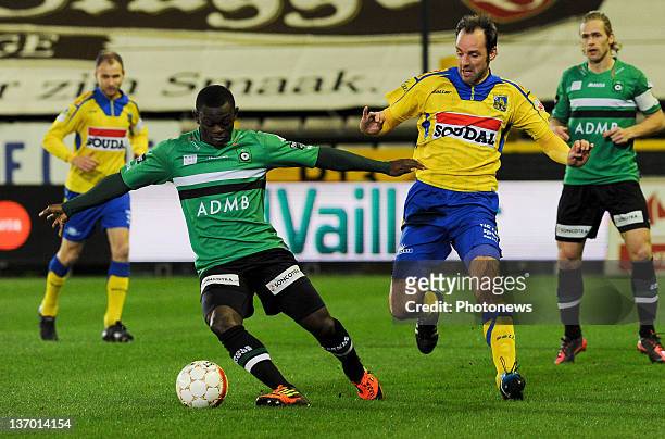 Igor Vetokele of Brugge and Bart Goor of Westerlo compete for the ball during the Jupiler League match between Cercle Brugge and Westerlo on January...