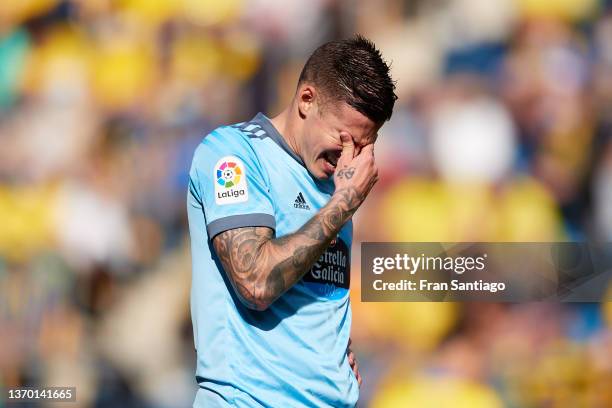 Santi Mina of Celta de Vigo gestures during the LaLiga Santander match between Cadiz CF and RC Celta de Vigo at Estadio Nuevo Mirandilla on February...