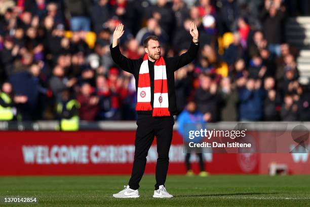 New signing Christian Eriksen of Brentford acknowledges the fans prior to the Premier League match between Brentford and Crystal Palace at Brentford...