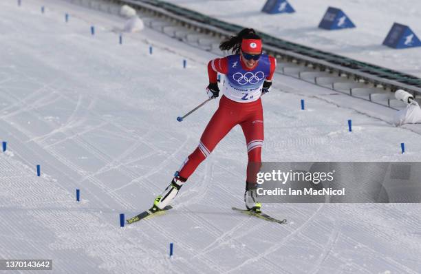 Veronika Stepanova of Russian Olympic Committee competes during the Women's Cross-Country 4x5km Relay on Day 8 of the Beijing 2022 Winter Olympics at...