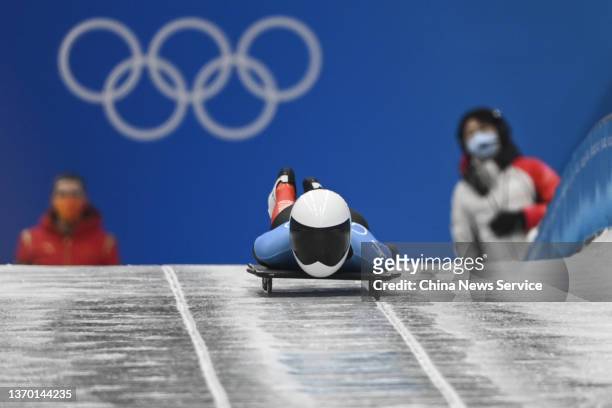 Zhao Dan of Team China slides during the Women's Skeleton heat 3 on day eight of Beijing 2022 Winter Olympic Games at National Sliding Centre on...
