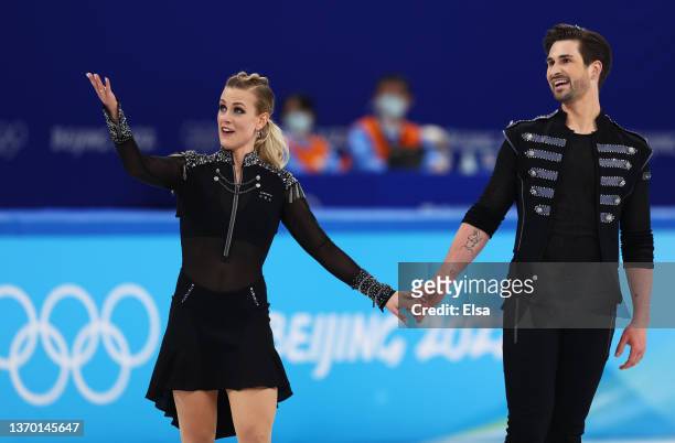 Madison Hubbell and Zachary Donohue of Team United States react after skating during the Ice Dance Rhythm Dance on day eight of the Beijing 2022...