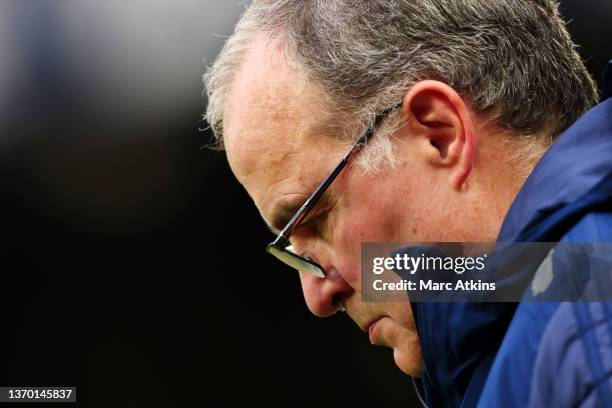 Marcelo Bielsa, Manager of Leeds United looks on during the Premier League match between Everton and Leeds United at Goodison Park on February 12,...