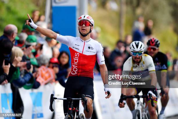 Bryan Coquard of France and Team Cofidis celebrates winning ahead of Julian Alaphilippe of France and Team Quick-Step - Alpha Vinyl Brown Points...