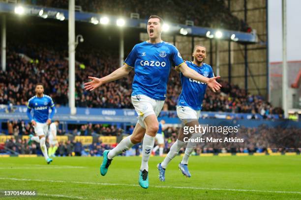 Michael Keane of Everton celebrates after scoring their team's second goal during the Premier League match between Everton and Leeds United at...