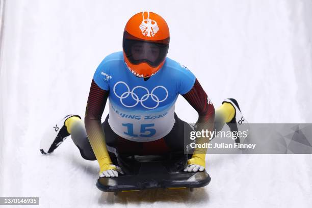 Gold medallist Hannah Neise of Team Germany reacts after the Women's Skeleton heat 4 on day eight of Beijing 2022 Winter Olympic Games at National...