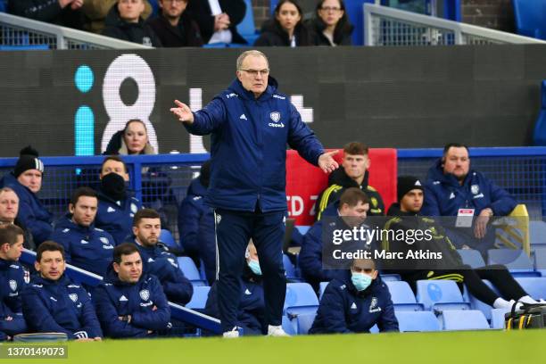 Marcelo Bielsa, Manager of Leeds United gestures during the Premier League match between Everton and Leeds United at Goodison Park on February 12,...