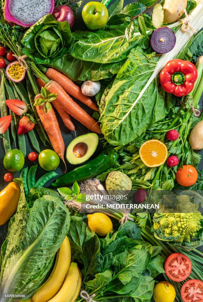 Fruits and vegetables assorted full frame background featuring leaf vegetables