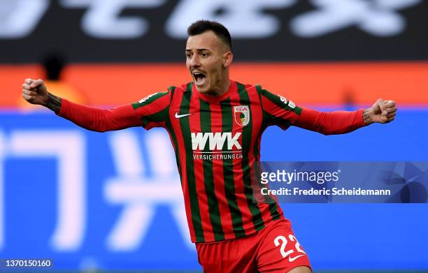 Iago of FC Augsburg celebrates after he scores a goal during the Bundesliga match between Borussia Mönchengladbach and FC Augsburg at Borussia-Park...