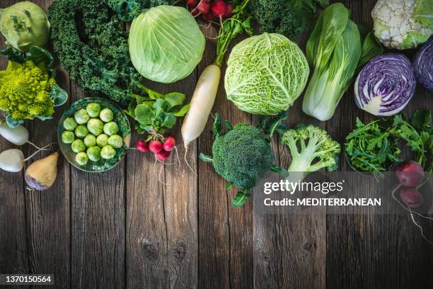 crucifers vegetables assortment as cabbage, broccoli, cabbage, turnip, kale, romanesco, radish, arugula - crucifers stock pictures, royalty-free photos & images