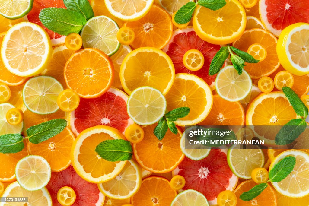 Disposición de rodajas de cítricos naranja, limón, lima, pomelo, mandarina y kumquat