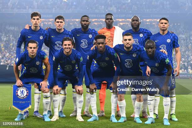 Chelsea players pose for a team photo prior to the FIFA Club World Cup UAE 2021 Final match between Chelsea and Palmeiras at Mohammed Bin Zayed...