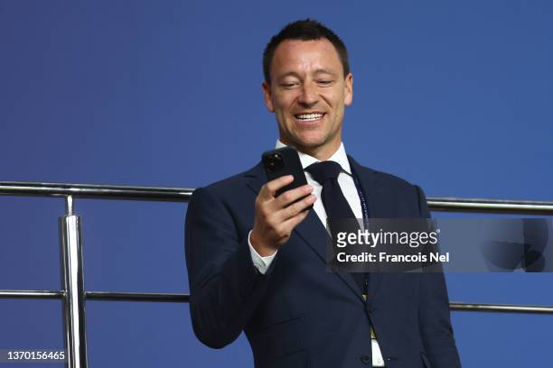Former Chelsea player John Terry looks on prior to the FIFA Club World Cup UAE 2021 Final match between Chelsea and Palmeiras at Mohammed Bin Zayed...