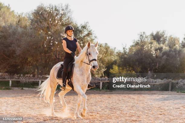 elegant young blond woman riding her horse in beautiful backlight at a rustic stable outdoors in majorca - riding habit stock pictures, royalty-free photos & images