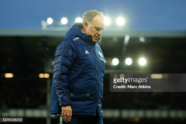 Marcelo Bielsa, Manager of Leeds United looks dejected following their side's defeat in the Premier League match between Everton and Leeds United at...
