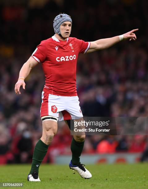 Wales player Jonathan Davies in action on his 100th cap during the Guinness Six Nations match between Wales and Scotland at Principality Stadium on...