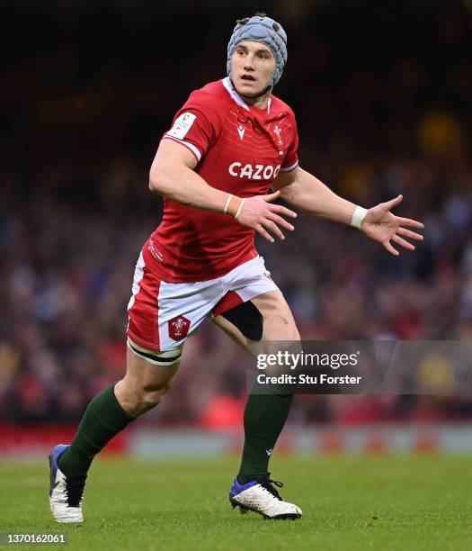 Wales player Jonathan Davies in action on his 100th cap during the Guinness Six Nations match between Wales and Scotland at Principality Stadium on...