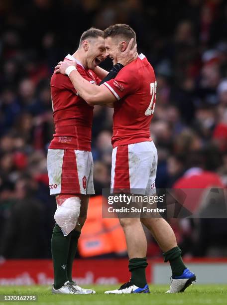 Wales players Dan Biggar and Jonathan Davies celebrates at the end of the game, both players were making their 100th appearance during the Guinness...