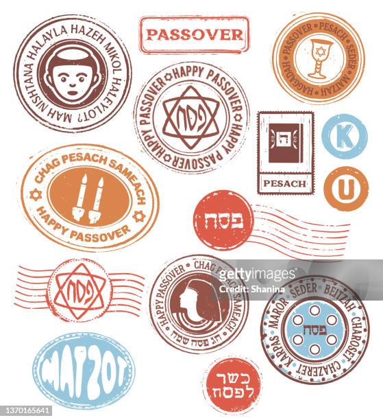 ilustrações, clipart, desenhos animados e ícones de conjunto de selos de borracha de feriado da páscoa - manuscrito hebraico