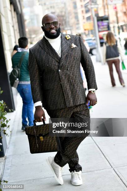 Blogger Ramillionaire Carr dressed in head-to-toe Fendi with Fendi accessories at Spring Studios during New York Fashion Week: The Shows on February...