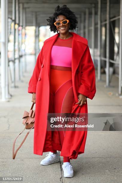 Danielle James is seen wearing Beyoncé’s Valentine’s Day Collection and a red Parisian Vintage jacket outside Spring Studios on February 12, 2022 in...