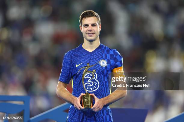 Cesar Azpilicueta of Chelsea poses for a photo with the FIFA Fair Play Award after their sides victory during the FIFA Club World Cup UAE 2021 Final...
