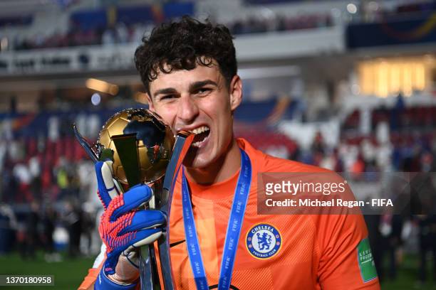 Kepa Arrizabalaga of Chelsea celebrates with The FIFA Club World Cup trophy following their side's victory during the FIFA Club World Cup UAE 2021...