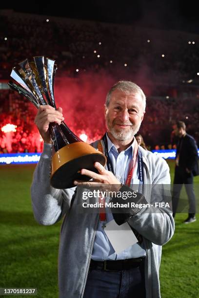 Roman Abramovich, Owner of Chelsea celebrates with The FIFA Club World Cup trophy following their side's victory during the FIFA Club World Cup UAE...