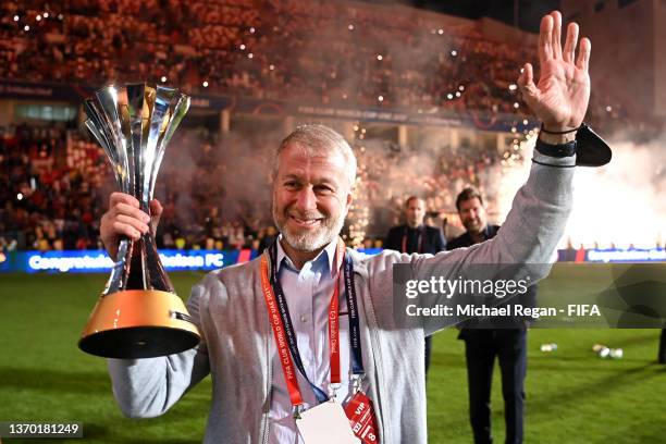 Roman Abramovich, Owner of Chelsea celebrates with The FIFA Club World Cup trophy following their side's victory during the FIFA Club World Cup UAE...