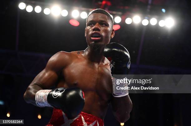 Ammo Williams in action during the undercard fight between Ammo Williams and Javier Francisco Maciel prior to the super-middleweight fight between...