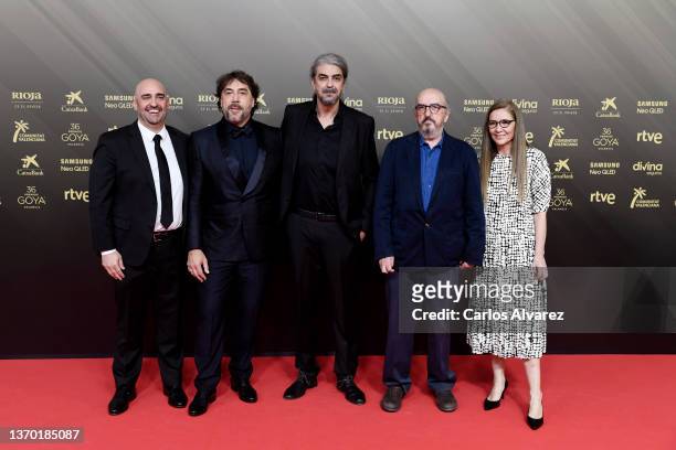 Javier Bardem, Fernando Leon de Aranoa and Jaume Roures attend Goya Cinema Awards 2022 red carpet at Palau de les Arts on February 12, 2022 in...