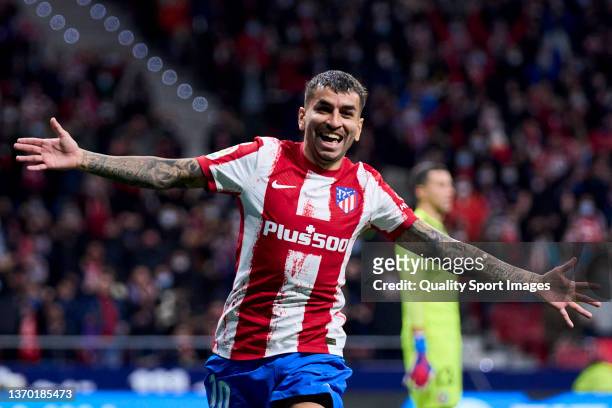 Angel Correa of Club Atletico de Madrid celebrates after scoring his team's first goal during the LaLiga Santander match between Club Atletico de...