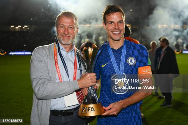 Roman Abramovich, Owner of Chelsea and Cesar Azpilicueta of Chelsea pose with the FIFA Club World Cup trophy following victory in the FIFA Club World...