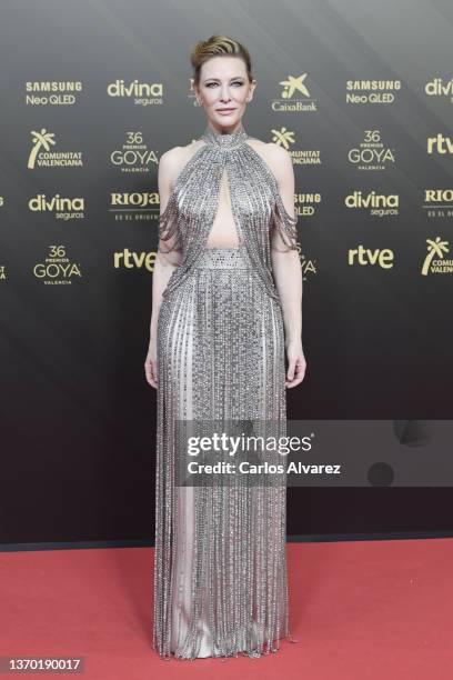 Cate Blanchett attends Goya Cinema Awards 2022 red carpet at Palau de les Arts on February 12, 2022 in Valencia, Spain.