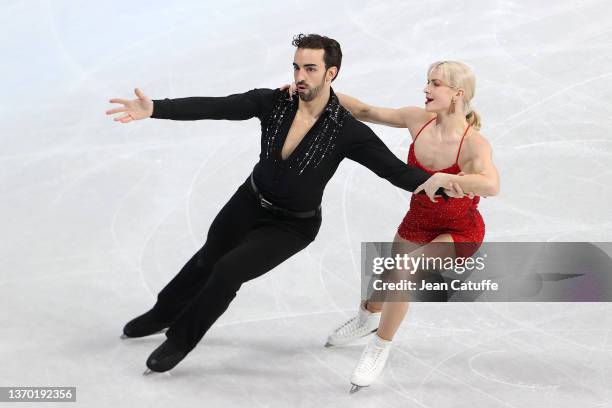 Olivia Smart and Adrian Diaz of Spain skate during the Ice Dance Rhythm Dance Figure Skating on day 8 of the Beijing 2022 Winter Olympic Games at...