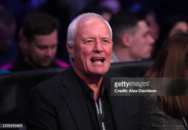 Barry Hearn reacts prior to the super-middleweight fight between Daniel Jacobs and John Ryder at Alexandra Palace on February 12, 2022 in London,...